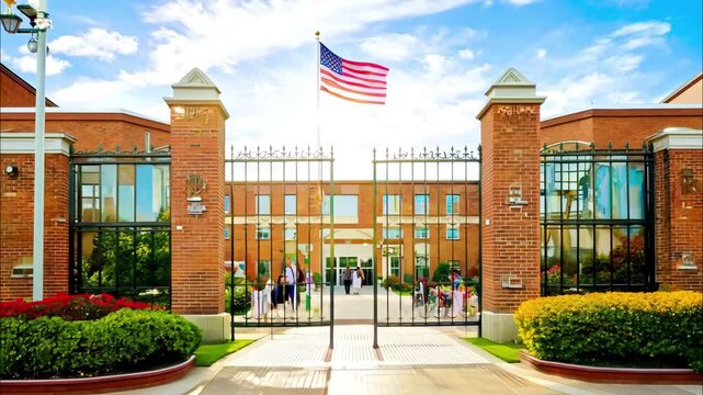 A brick building with a large American flag on top. The building is surrounded by a green area with bushes and trees