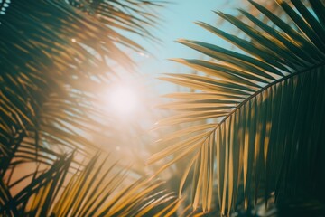 Tropical summer escapes beachside paradise with sunlit sand and lush palm fronds for sun seekers and holiday adventurers