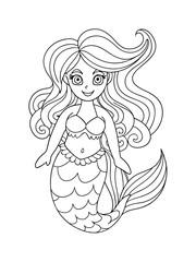 Mermaid with Flowing Hair and Decorated Fins – Fantasy Adult Coloring Page on White Background