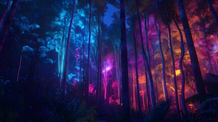 A surreal glowing rainforest with multicolored bioluminescent trees