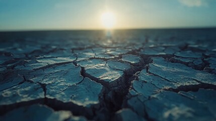 Dry cracked earth under a bright sun sets a stark scene of drought at dusk. Generative AI