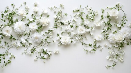 A white floral wedding backdrop with delicate rose arrangements and ivy, perfect for use as a clean design space for messages or invitations.