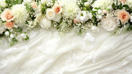 A white wedding background with elegant soft floral arrangements, ribbons, and plenty of room for custom text or logos.