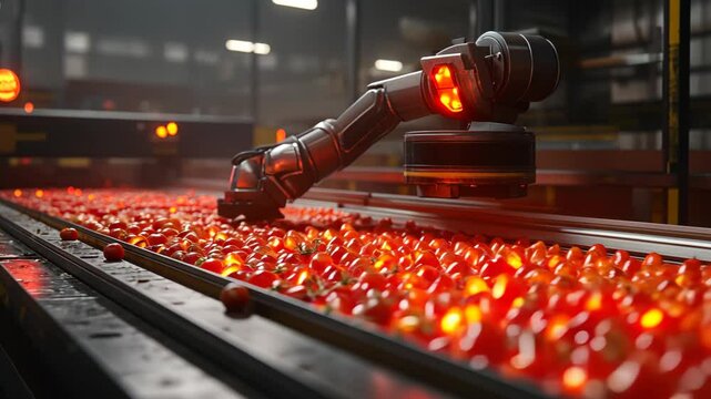 Automation in action with robotic arm sorting vibrant red objects on a manufacturing line