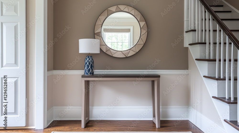 Poster minimalist entryway with round mirror and console table
