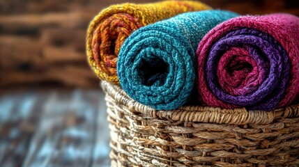Obraz premium Rolled colorful textiles in a wicker basket; rustic wooden background