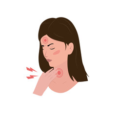 A sad girl is suffering from a sore throat.