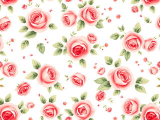 Seamless Beautiful Pink Watercolor Roses on a White Background