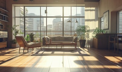 Fototapeta premium A modern open-plan living space with sleek furniture, wooden accents, and large glass windows flooding the room with natural light for an airy feel
