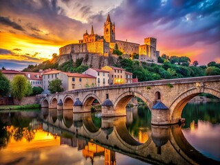 Fototapeta premium Historic Beziers: Panoramic View of Pont Vieux Bridge and St. Nazaire Cathedral at Sunset