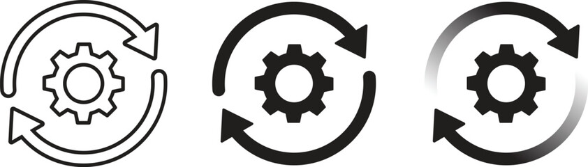 Collection of synchronization process vector icons in line art, outline and silhouette styles. Gear symbol with two arrows or wheel symbol repeat, update, exchange and others. Vector illustration