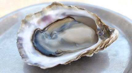 Freshly opened oyster on a silver plate with a drizzle of mignonette sauce, gourmet seafood concept.