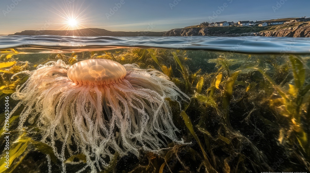 Poster jellyfish floating near the ocean surface with sunlight streaming through, creating a golden glow in