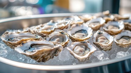 Fototapeta premium Fresh oysters on ice, elegantly arranged on a large silver tray, with soft natural reflections.