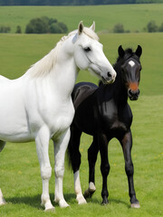 Obraz premium white horse and black foal on pasture