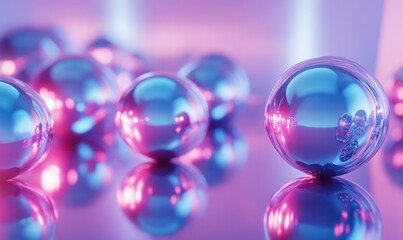 Abstract arrangement of shiny metallic spheres on a reflective surface, illuminated by soft cool lighting to create a futuristic aesthetic