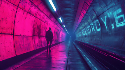 Cyberpunk subway station: solitary figure in neon-lit tunnel. Neon Graffiti Cyberpunk Tunnel. Illustration