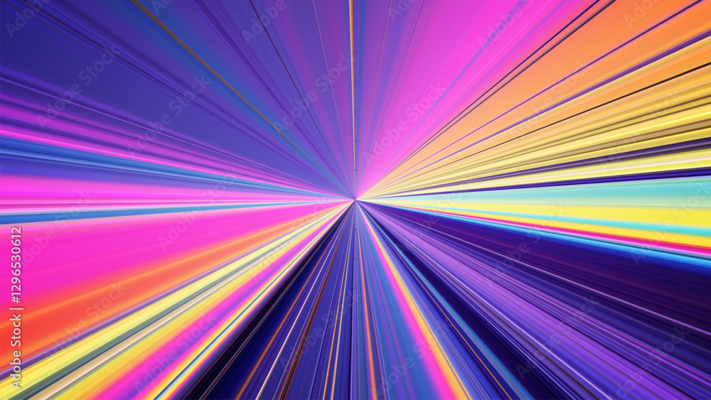 Poster futuristic high-tech light burst with radial explosion of vibrant neon colorful lines stretching to 