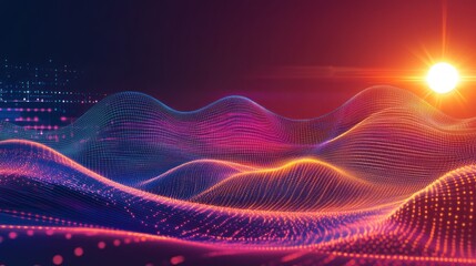 Abstract Data Waves with Sunburst Effect and Futuristic Digital Landscape