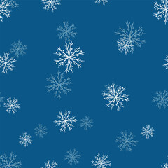 Winter seamless pattern with white snowflakes on color background. Vector illustration for fabric, textile wallpaper, posters, gift wrapping paper. Christmas vector illustration. Falling snow.