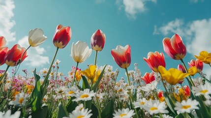 Obraz premium Colorful spring meadow with blooming tulips and daisies on a bright blue sky background, vibrant and fresh