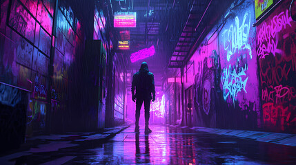 neon cyberpunk lone figure cityscape
