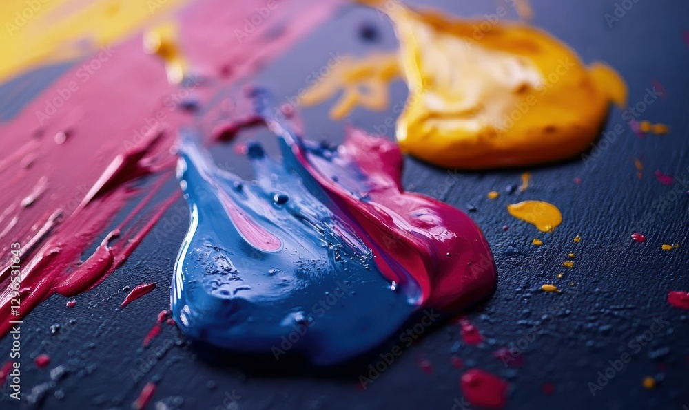 Poster abstract close-up of colorful paint splatters on a textured canvas illuminated by gradient lighting 