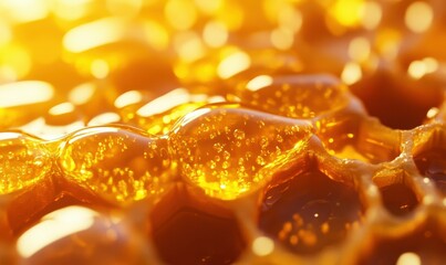 Abstract close-up of honeycomb cells in golden hues, illuminated by soft natural light and surrounded by glistening drops of fresh honey, .