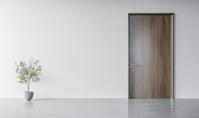 Obraz premium Modern interior featuring a wooden door and a potted plant in a minimalist setting