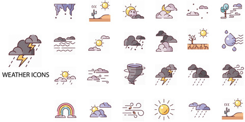 Weather simple concept 24 icons set. Contains such Sunny, Cloudy, Rainy, Snowy, Temperature .Vector illustration.
