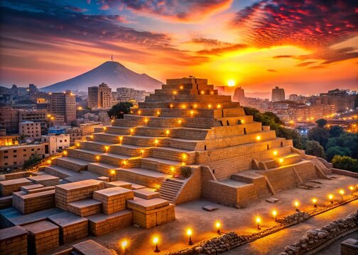 Huaca Pucllana Pyramid at Sunset, Lima, Peru - Bokeh Effect Stock Photo