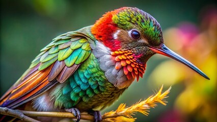 Fototapeta premium Hummingbird Preening: Detailed Close-up of a Tiny Bird Cleaning its Feathers