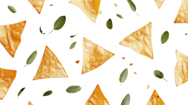 Delicious crispy tortilla chips falling with fresh sage leaves on transparent background