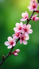 Obraz premium Pink cherry blossoms on a slender branch, vivid green backdrop , vibrant, petals