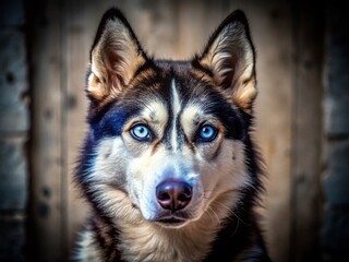 Obraz premium Husky Dog Portrait: Striking Heterochromia, Black and White Fur