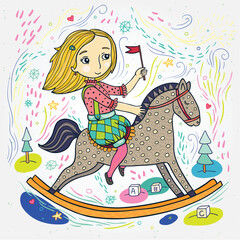 Girl on a Rocking Horse Whimsical Hand-Drawn Illustration