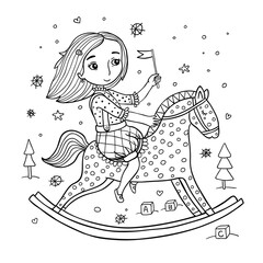 Girl on a Rocking Horse Black and White Coloring Page