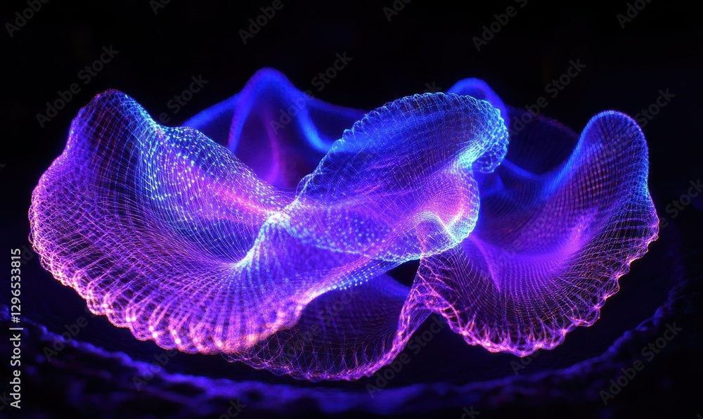 Poster abstract dynamic swirls of neon purple and blue light forming intricate patterns on a black backgrou