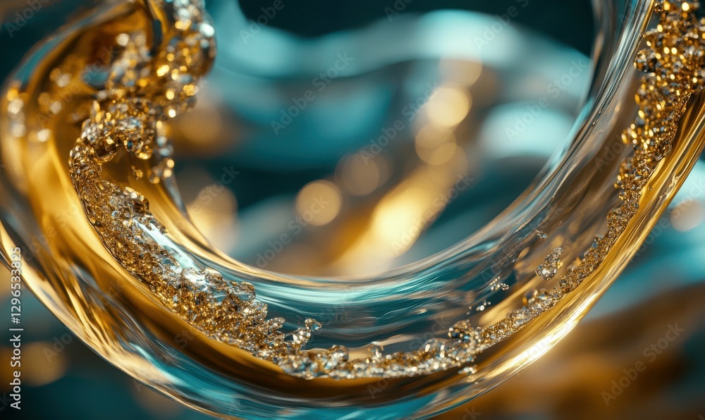 Poster abstract dynamic rendering of golden liquid swirls blending with deep teal tones, illuminated to evo