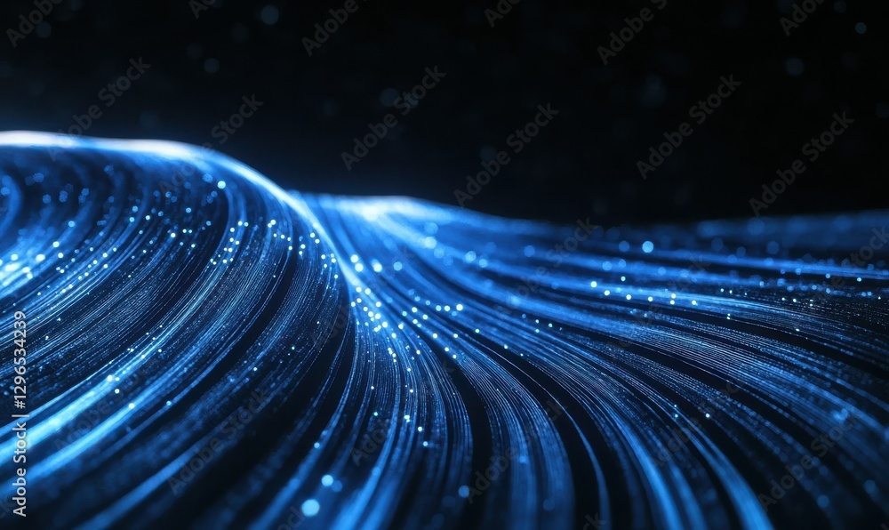 Poster abstract wave of glowing blue lines against a black background, illuminated by soft futuristic light