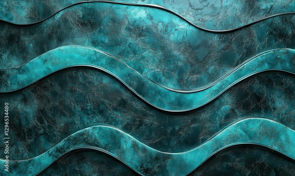 Poster abstract wave pattern in shades of teal and black with subtle metallic textures, illuminated by grad