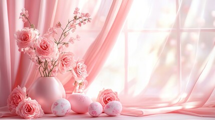 Elegant pink satin curtains paired with fresh roses and decorative Easter eggs, exquisite and modern aesthetics, perfect for product display, reflecting elegant and updated business concepts.