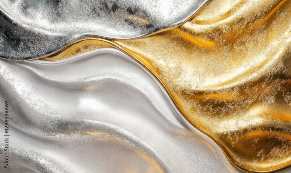 Poster abstract flowing metallic textures in gold and silver, illuminated by soft warm light creating a mod