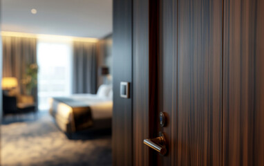Obraz premium A glimpse into a stylish hotel room through a slightly open wooden door, revealing a warm and elegant interior with soft lighting.