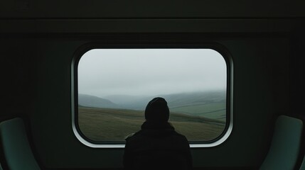 A person daydreaming, gazing out of a train window as the landscape