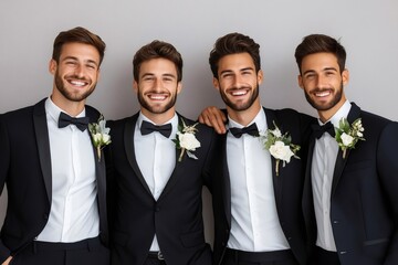 Four groomsmen smiling and posing for a photo together