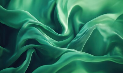 Obraz premium Abstract flowing silk fabric in vibrant emerald green, soft light highlighting its luxurious folds and smooth texture