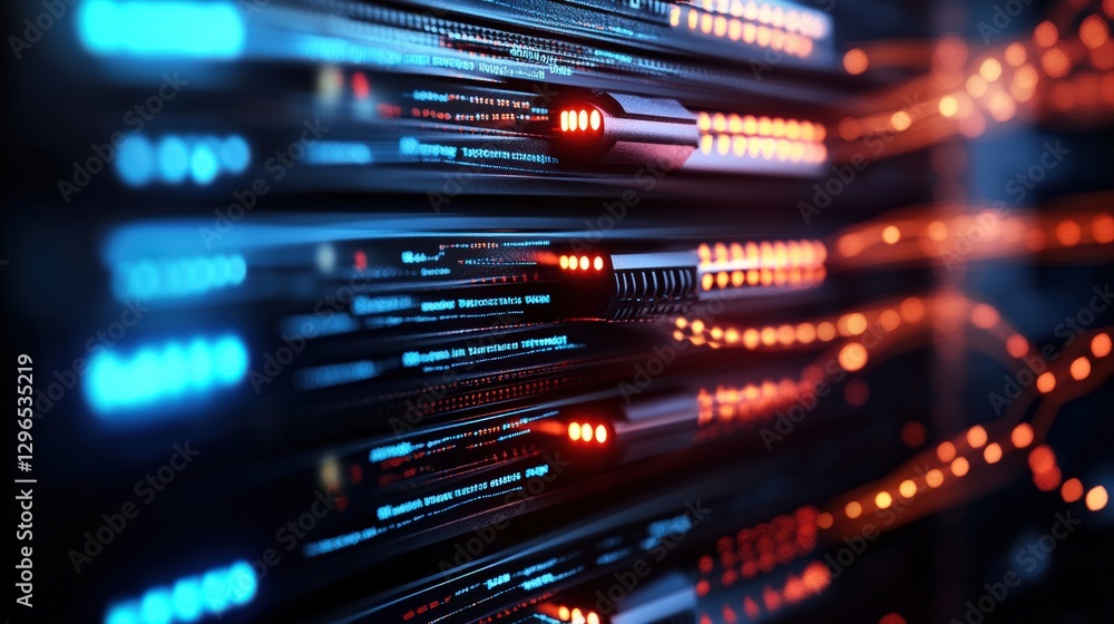 Poster close up of a server rack filled with multiple servers and networking equipment in a data center