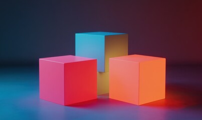 Abstract geometric design of colorful cubes glowing under soft diffused light, forming a dynamic modern composition