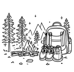 Vibrant backpack and cozy campfire surrounded by the lush greenery of the woods